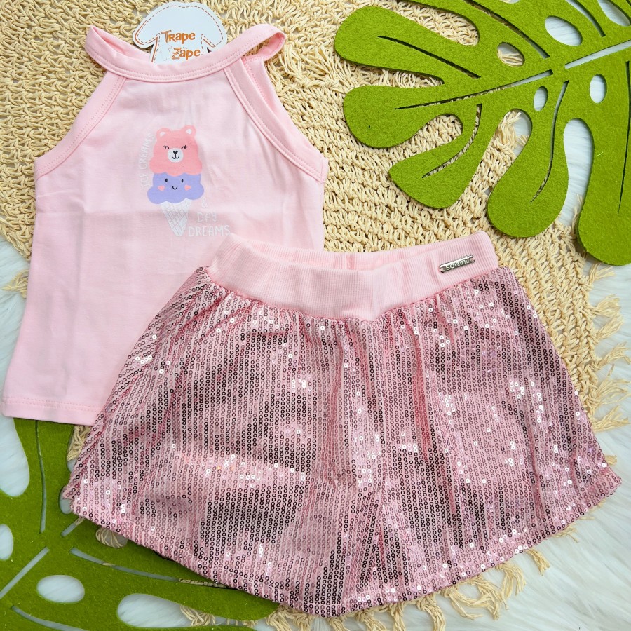  Conj. Regata Ice Creams e Short Saia em Paetê - Rosa 